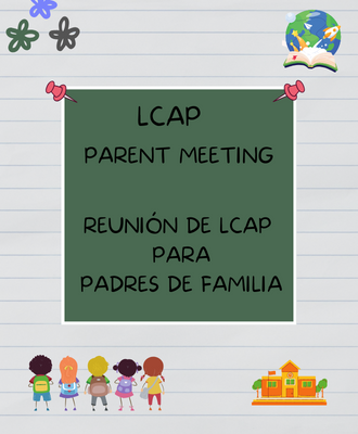  Words "LCAP Parent Meet" with graphics of flowers, children and a planet